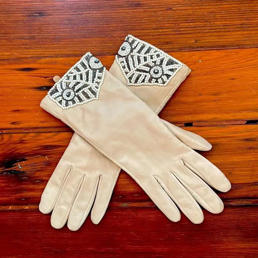Vintage leather beaded cuff lined winter cold weather gloves sz M